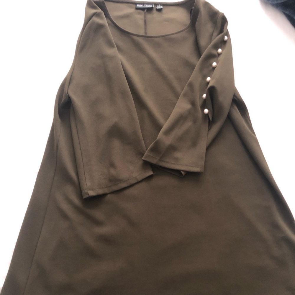 Nina Leonard Olive Green Dress with Pearls